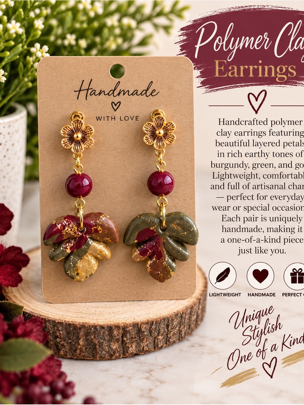Others Follow Burgundy and Olive Leaf Dangle Earrings with Gold Flowers